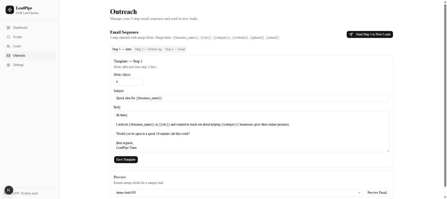 3-step email sequence with merge fields and per-step delays.